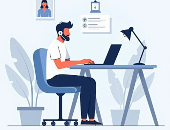 Homem de terno trabalhando em um laptop sobre a mesa e usando um headset na cabeça