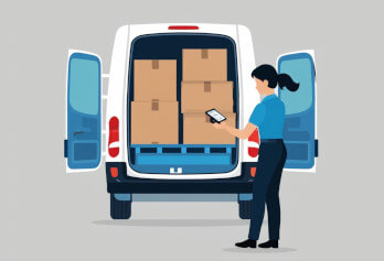 Um homem e uma mulher conferindo caixas na trazeira de um carro de entregas