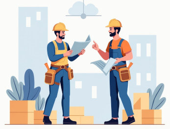 Dois homens com equipamentos de proteção discutindo sobre um papel em suas mãos